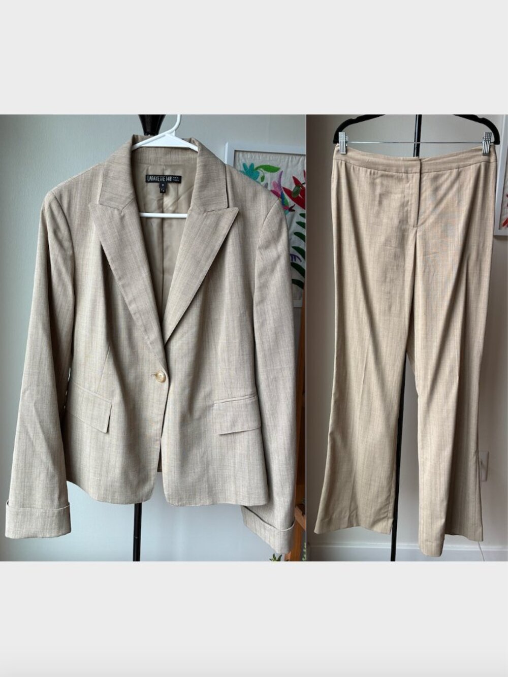 Lafayette 148 Wool-Blend Blazer and Pants in Tan w/ thin Green Stripes - Size 8